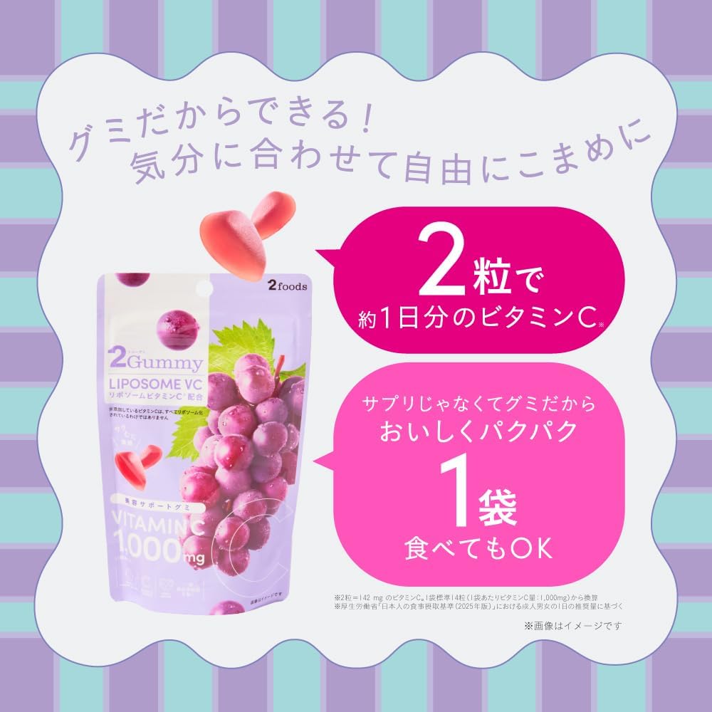 Beauty Support Gummy: 2 Gummy Liposome VC x 2 bags (2 tablets will take about 1 day of Vitamin C, about 2 weeks of supply), Liposome Vitamin C Formula, Vitamin C, 1,000 mg Grape Flavor