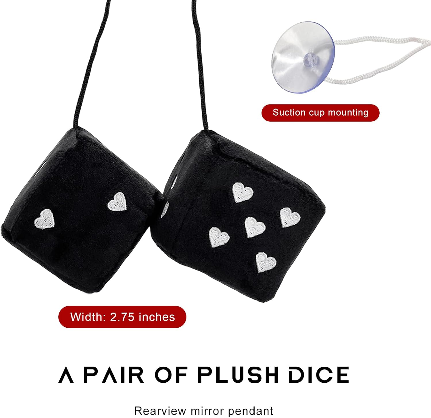 Par de dados de felpa mullidos para espejo de automóvil, dados de 3 pulgadas para colgar de pareja con patrón de forma de corazón, adorno cuadrado retro para espejo retrovisor para mujeres y