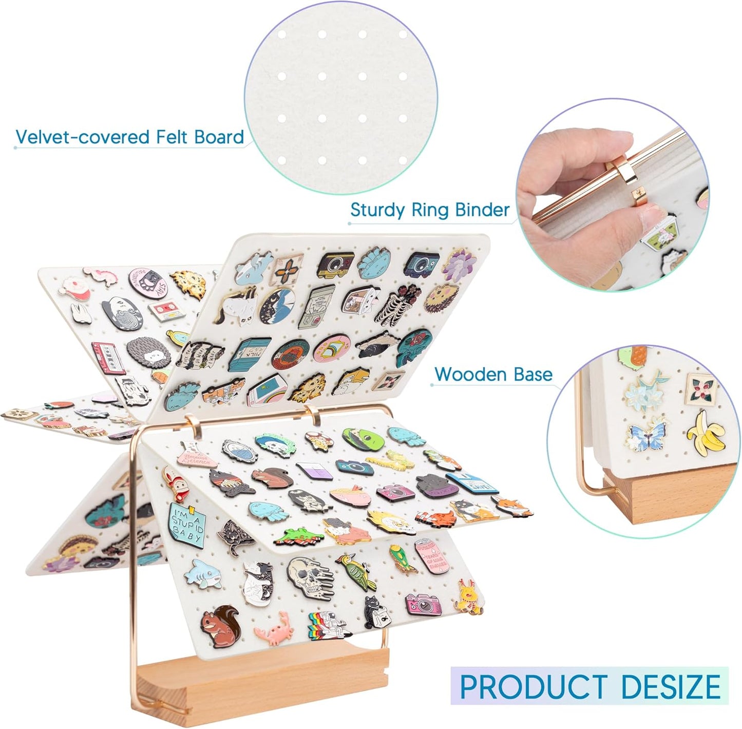 PACMAXI Organizadores de exhibición, soporte para broches, páginas de pines esmaltadas para guardar más de 180 pines, calendario de almacenamiento de colección con soporte de madera de 6 páginas (no