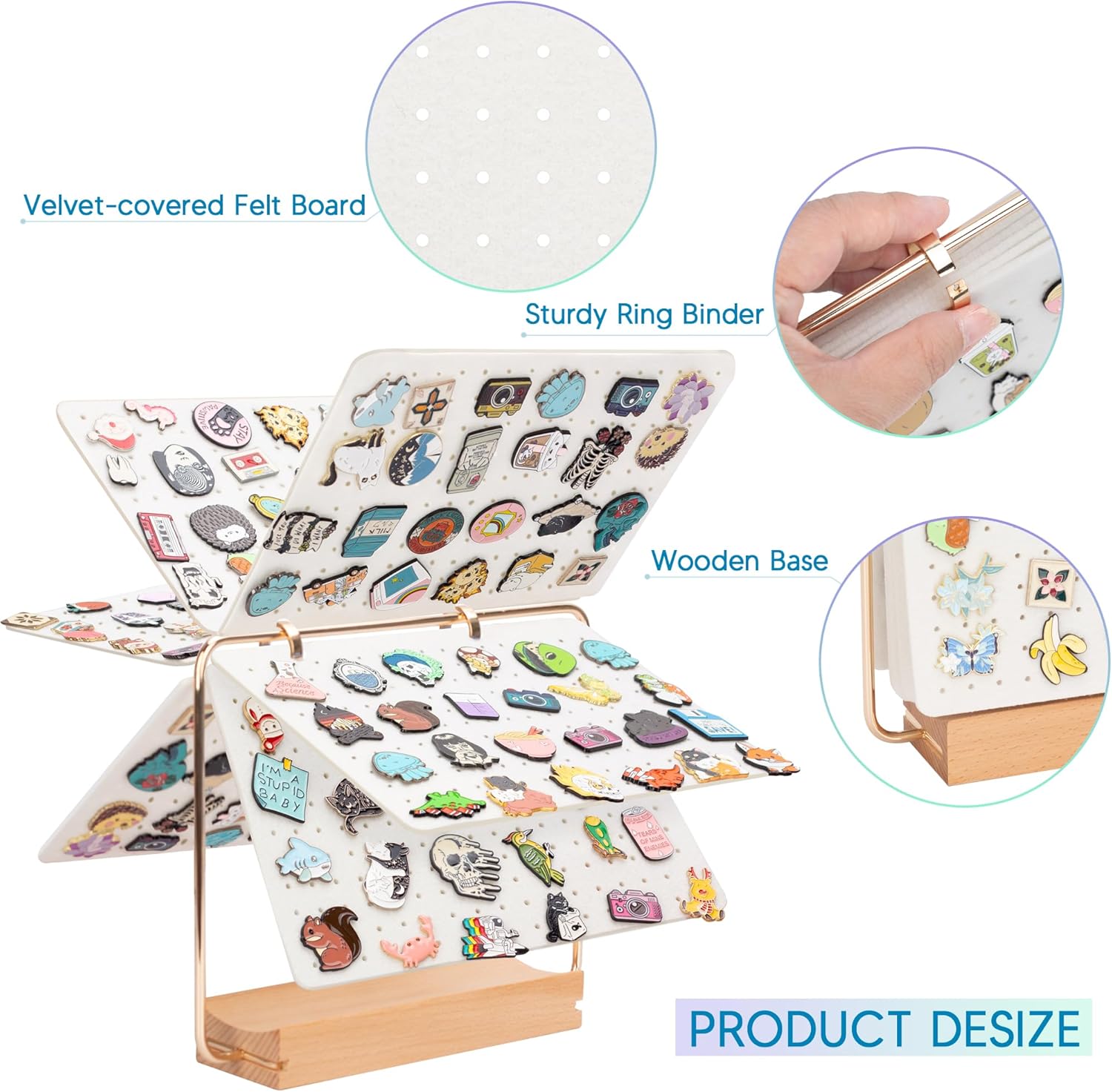 PACMAXI Organizadores de exhibición, soporte para broches, páginas de pines esmaltadas para guardar más de 180 pines, calendario de almacenamiento de colección con soporte de madera de 6 páginas (no