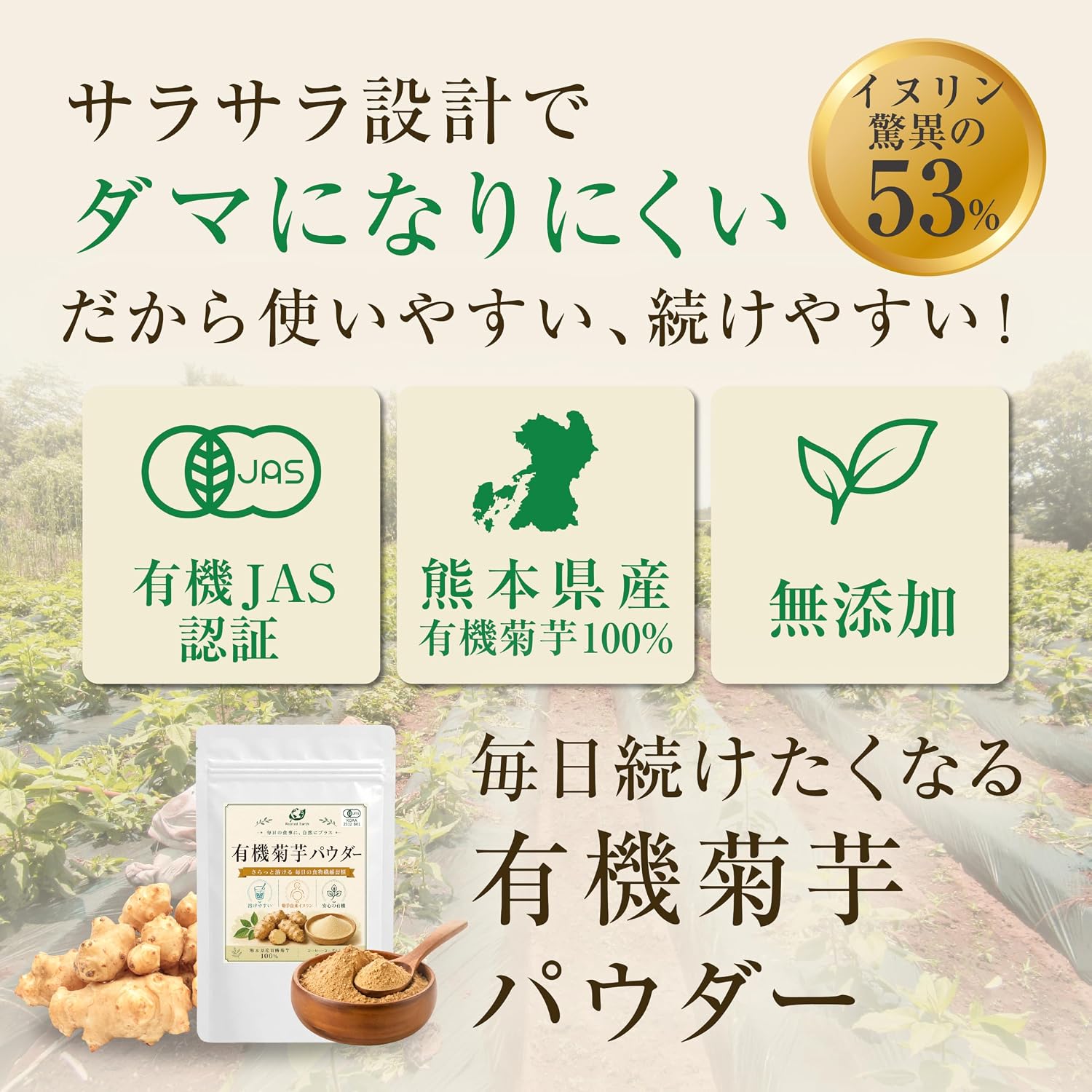 有機JAS 菊芋パウダー 100g さらっと溶ける 熊本県産菊芋100％ イヌリン 食物繊維 サプリメント 国産