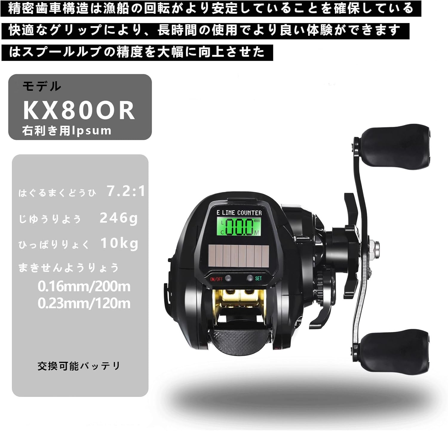 Electric Spinning Reel, USB Rechargeable & Long Operation, Smooth Winding Feel & Maximum Drag Force: 22.0 lbs (10 kg), High Precision 7.2:1 Gear Ratio, Powerful and Lightweight; Suitable for