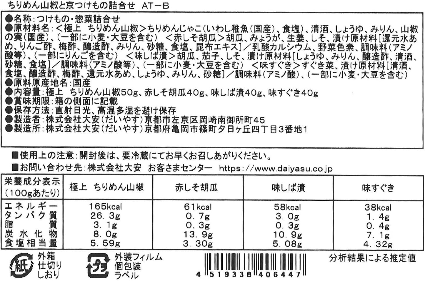 Daian Chiremen Sansho and Kyoto Pickles Assortment AT-B Kyoto Daian Pickles Gift