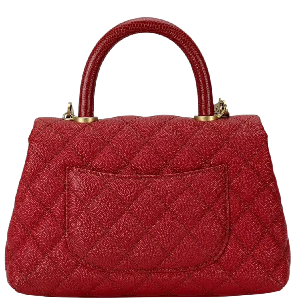 CHANEL 'RED' CAVIAR LIZARD EMBOSSED QUILTED MINI COCO HANDLE FLAP BAG