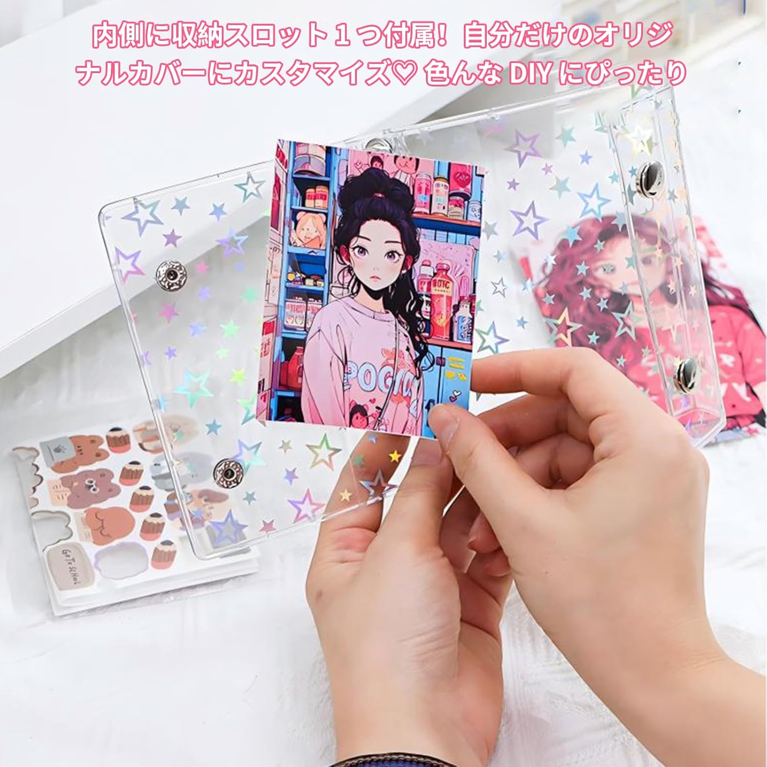 Seal Notebook, Transparent Binder Notebook, M5 Size, Includes 10 Transparent Refills, Clear Binder, Girls, Star Pattern, Double Snap Closure, Silver Hardware, PVC Material, 5 Holes, Seal Storage