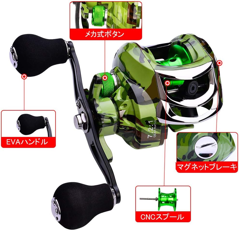 Bait Reel, Sea Bass Fishing Reel, Magnetic Brake, Super Strong, Maximum Drag Force 22.0 lbs (10 kg), Gear Ratio, 7.2:1, Casting, Black