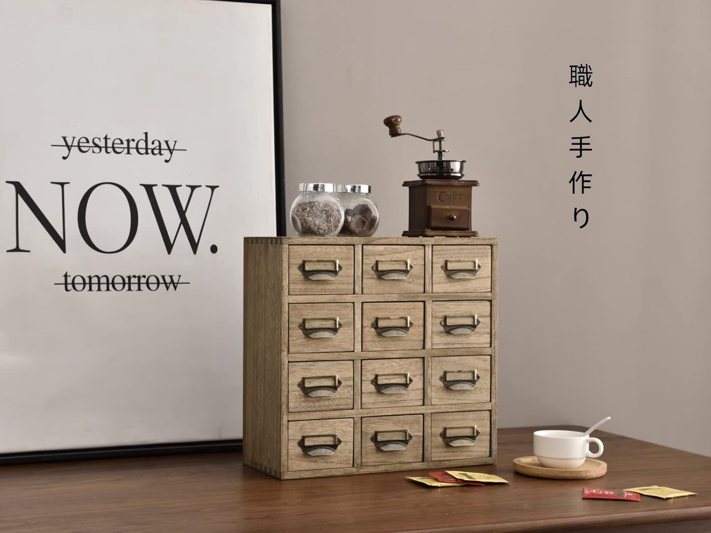 KIRIGEN Mini Chest, Tabletop Storage, Small Storage Drawer Chest, 4 Tiers, 12 Cups, Artisan Handmade Brown