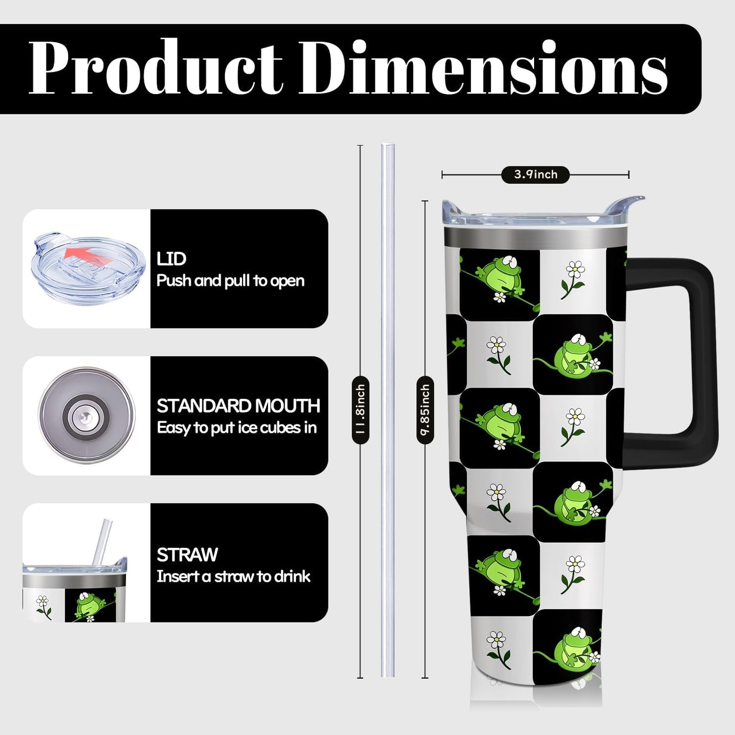 Vaso de rana de 40 onzas con asa y pajilla, taza aislada de acero inoxidable a cuadros búfalo con tapa, taza de café de viaje, botella de agua, regalos de cumpleaños para el día de la madre