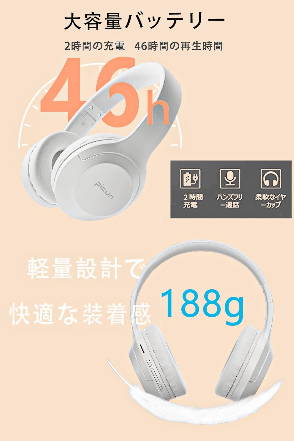 Picun Wireless Headphones, Over-Ear Headphones Upgraded Version Bluetooth V5.3 HiFi Stereo Closed-Back Heavy Bass No Latency Lightweight Foldable 40mm HD Driver Unit 50H Playback/Talking Noise