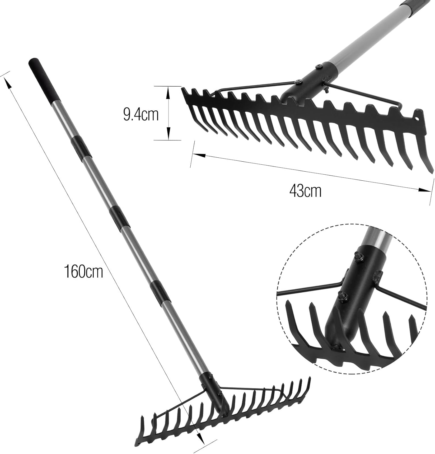 Walensee 5.25ft (1.6m) Rake, Extendable with Stainless Steel Handle, Steel 17-Prong, Metal Head, Sturdy Rake for Weeding, Leaf Collection, Ground Preparation, Soil Conditioning, Agriculture, Land