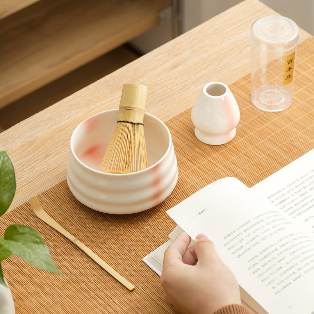 hybmszj Tea Ceremony Set, Matcha Set, Japanese Tea Ceremony Set, Matcha Kit, 1000 Count Chasen, Chasen, Teaspoon, Matcha Bowl, Tea Utensils, Set of 4, For Beginners, Cherry Blossoms, Respect for the