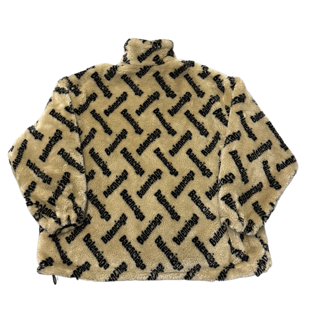 BALENCIAGA 'LOGO PATTERN' SHERPA TAN FLEECE ZIP UP JACKET