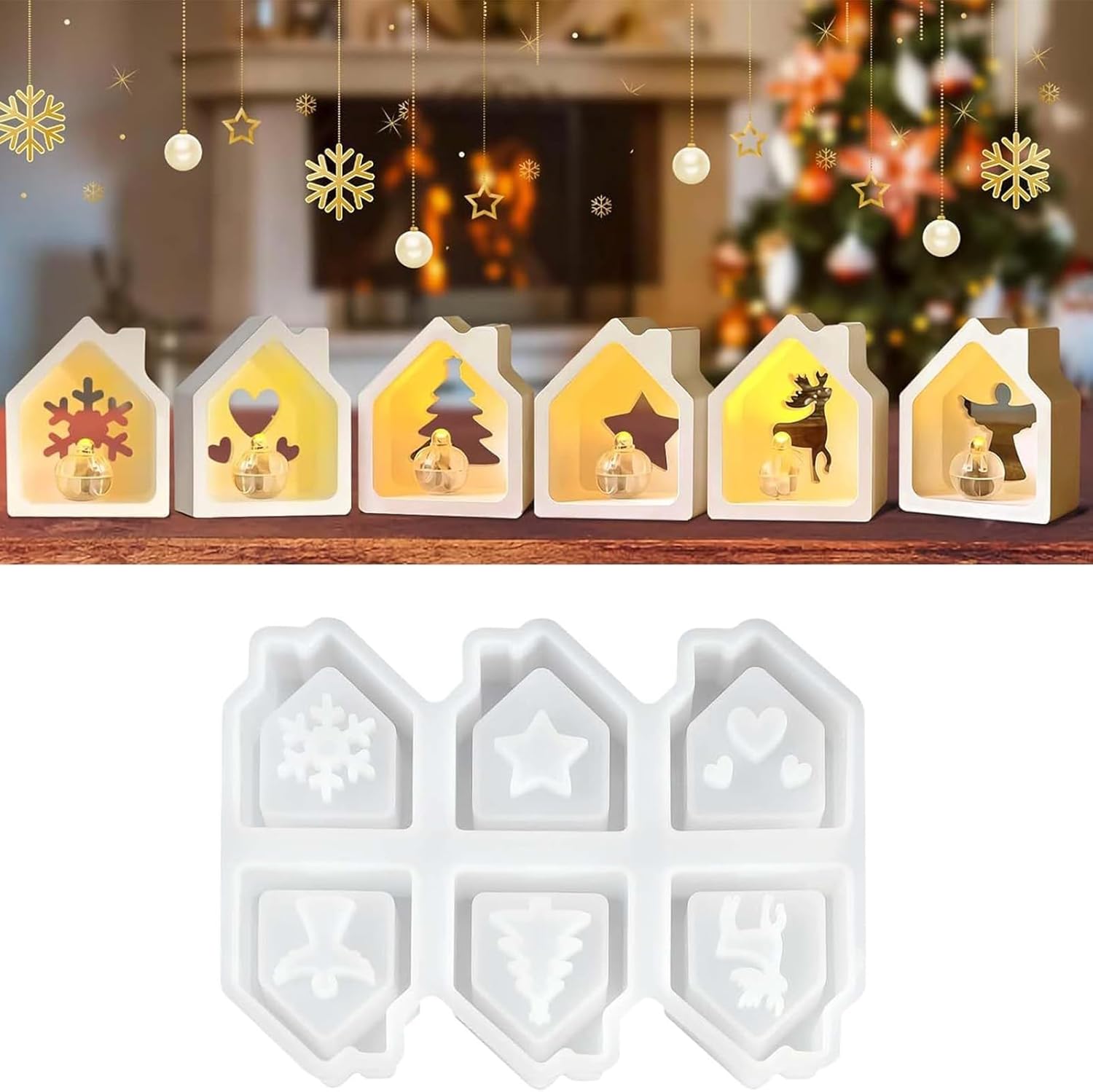 Christmas シリコン型,家形キャンドル型6穴 - エポキシ樹脂 石膏 焼き菓子 チョコレート キャンドル 装飾品 手芸 愛好家 向け