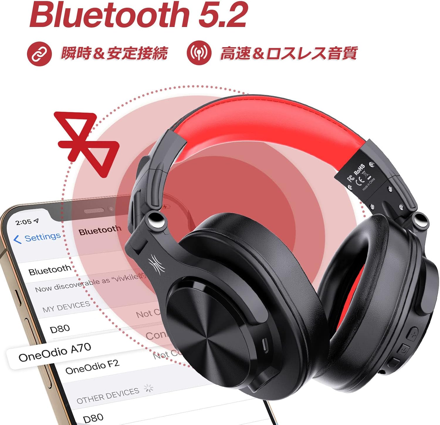 OneOdio A70 Bluetooth Headphones Over-Ear Wireless Headphones, 72 Hours Playtime, 3.5mm/6.35mm Jack Compatible, For Studio Monitoring, Mixing, DJ, Guitar Amplifier, Laptop, PC, Tablet