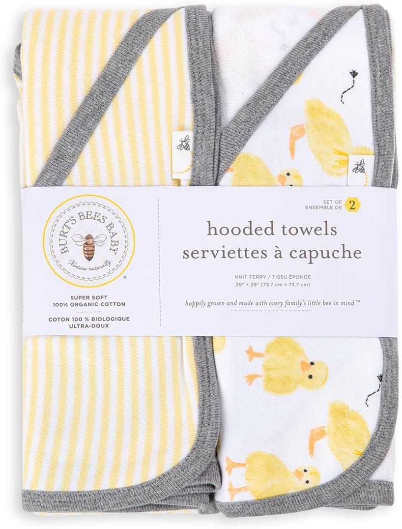 Toalla orgánica con capucha de una sola capa para bebé de Burt's Bees Baby, Paquete de 2, Pequeños patos | Toalla con capucha de algodón 100% orgánico de rizo suave y absorbente que es duradera y suave, mide 29 x 29 pulgadas