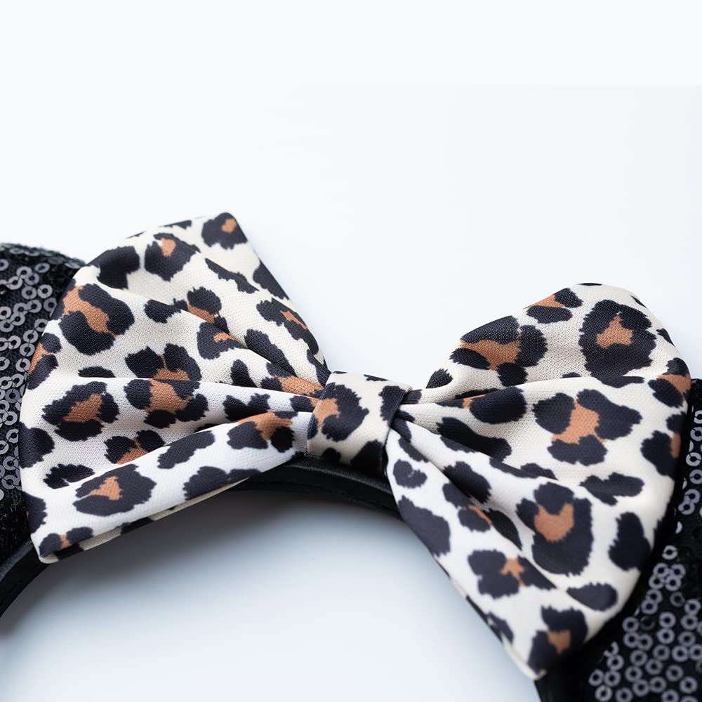 Foeran - Diademas con orejas de ratón, arcos brillantes, orejas de ratón con purpurina, decoración para fiesta de princesa, disfraz para niñas y mujeres (impresión de leopardo-1)