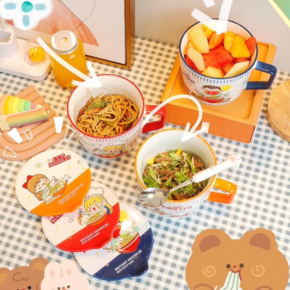SIzlaho Instant Ramen Bowl with Ceramic Lid, Cute, Girly Ramen Bowl Donburi Bowl Noodle Bowl Ramen Bowl Instant Ramen Dry Noodles Sachet Noodles Instant Noodles Rice Bowl Boiled Bowl Salad Bowl