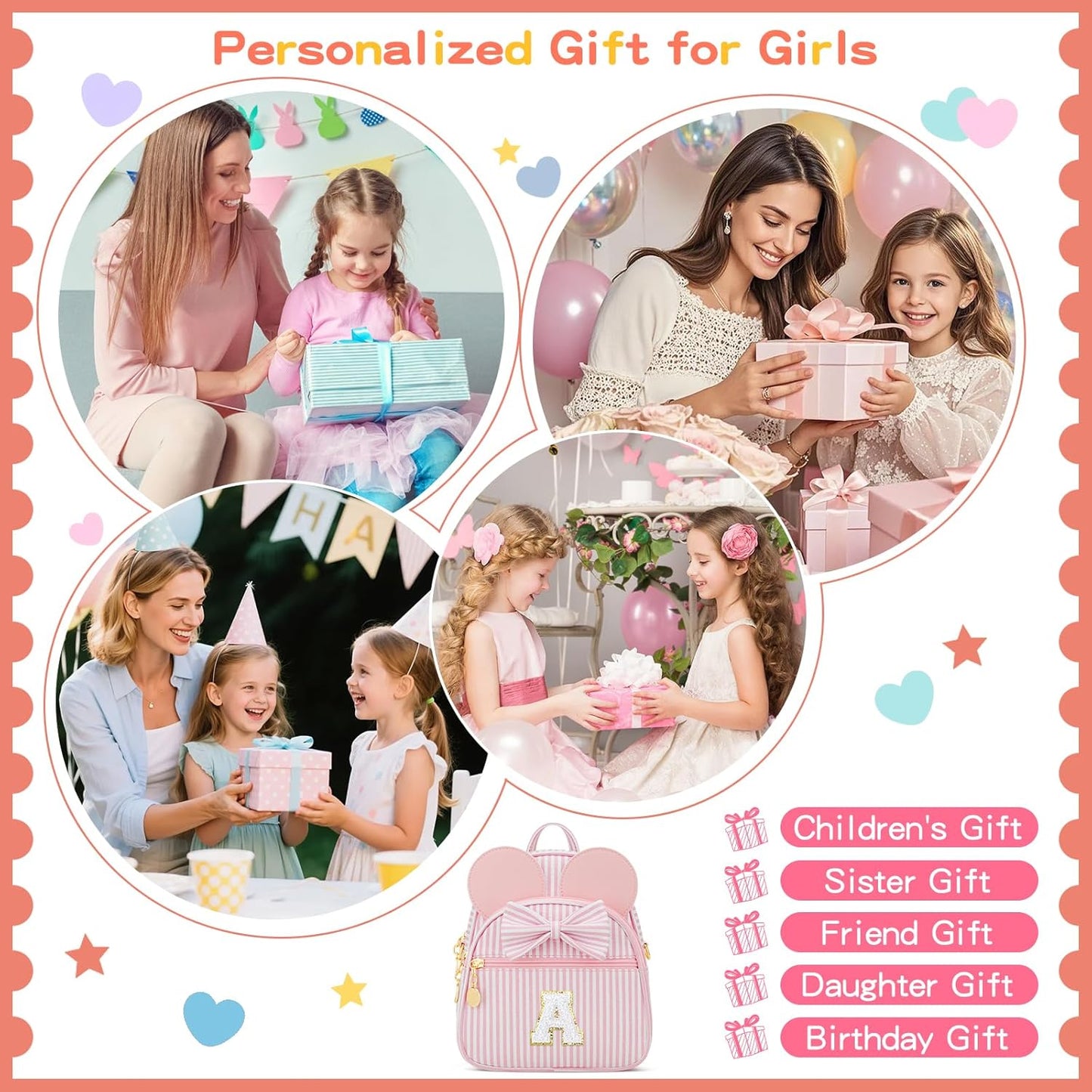 Regalo de cumpleaños personalizado para niñas pequeñas, mochila pequeña con inicial para niñas pequeñas, lindo mini bolso para niños de 3 a 10 años, rosa A