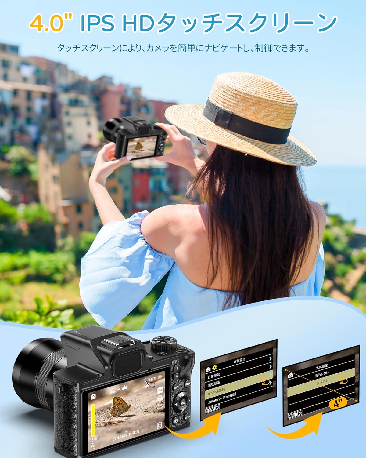Digital Camera, 5K 80 Megapixels, SLR Camera, Wi-Fi Function, Auto Focus/Macro Shooting, Digital Camera, 18x Digital Zoom, App Controlled, 180° Rotation, Screen, 4.0 inches, IPS, Touch Screen, Selfie