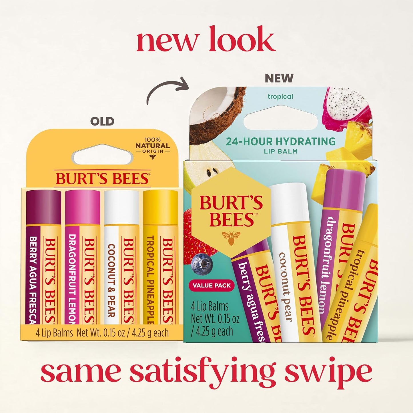 Burt's Bees - Bálsamo labial, protector labial hidratante, para hidratación durante todo el día, 100 % natural, Tropical, piña, bayas con agua fresca, fruta del dragón y coco y pera (paquete de 4)