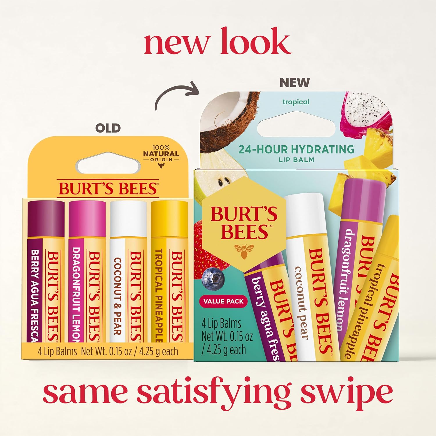 Burt's Bees - Bálsamo labial, protector labial hidratante, para hidratación durante todo el día, 100 % natural, Tropical, piña, bayas con agua fresca, fruta del dragón y coco y pera (paquete de 4)