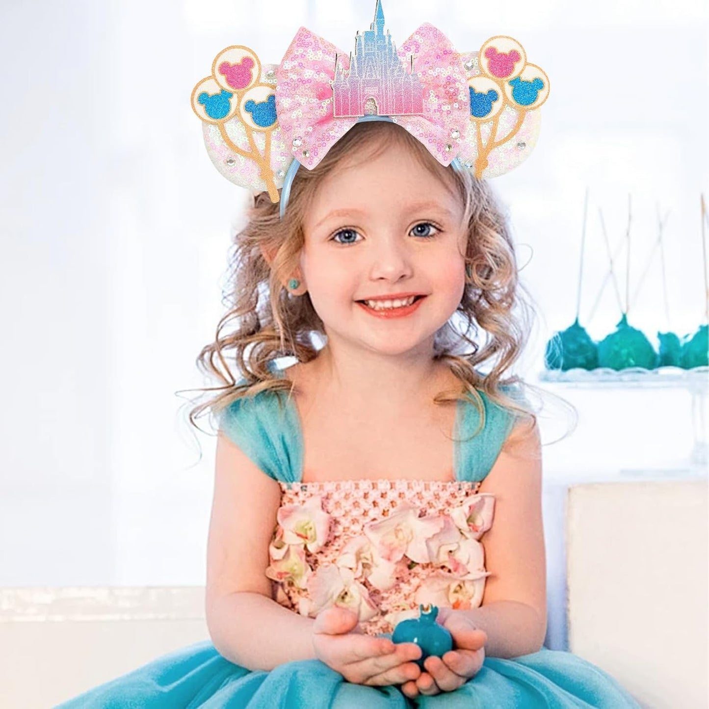 LYLIN Diadema de orejas de ratón, orejas de ratón rosas con lazos de castillo para mujeres y niñas, accesorios para el cabello, orejas de princesa, orejas de parque, viajes, fiesta, cosplay, accesorios de disfraces (castillo rosa)