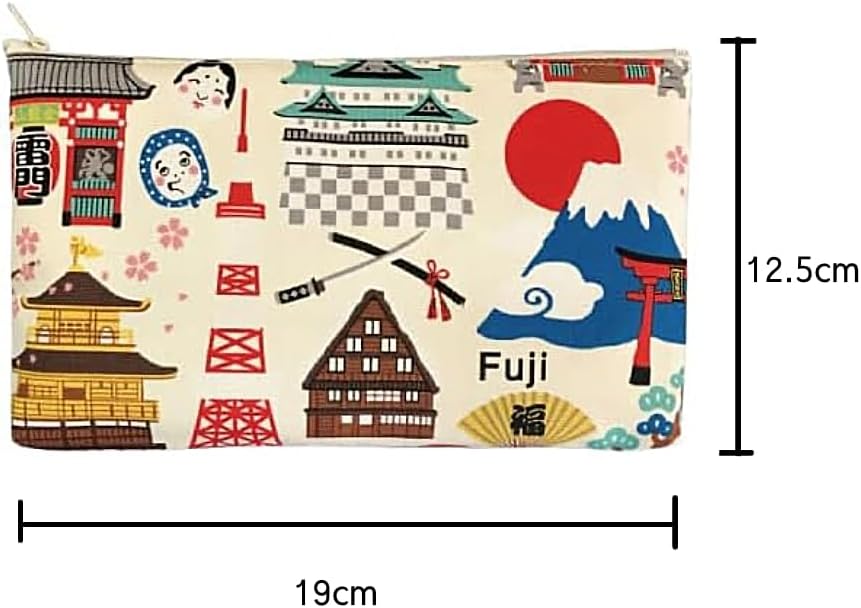 Kyoyu Pouch, Makeup, Cosmetics, Mt. Fuji, Tokyo, Kyoto Raimon, Kinkakuji, Cotton, 7.5 x 4.9 inches (19 x 12.5 cm), Make Up Trinket Case, Hello Nippon, Small, White