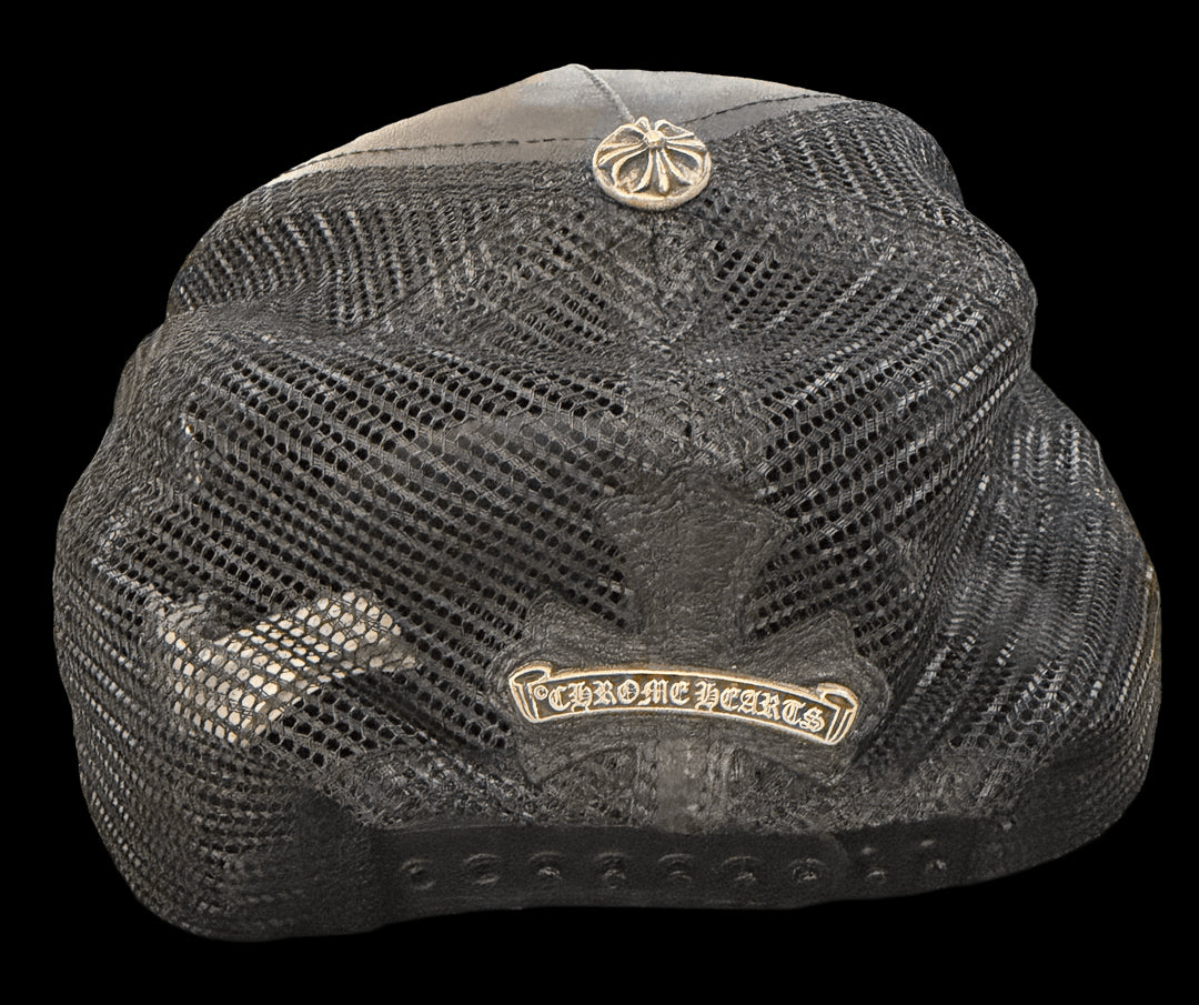 CHROME HEARTS 'FLEUR DE LIS' BLACK LEATHER TRUCKER HAT