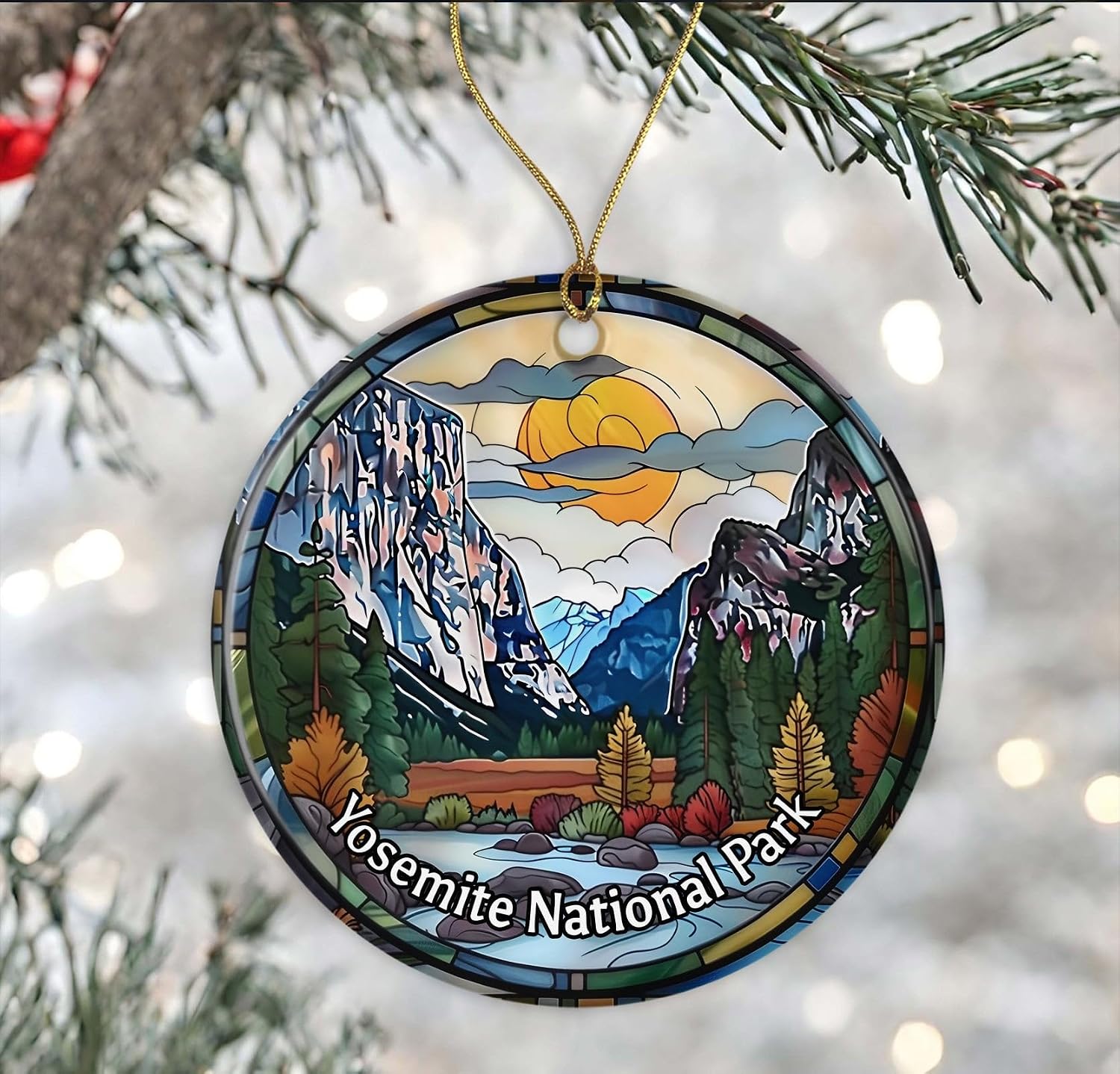 Yosemite National Park - Adorno con aspecto de vitral, recuerdo de Navidad de los parques nacionales, recuerdo de viaje, regalo de cerámica impreso en ambos lados