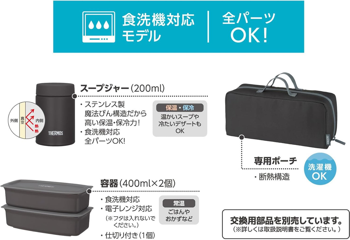 【Dishwasher Compatible Model】 Thermos Vacuum Insulated Soup Lunch Set 1.0L Black Gray with Insulated Structure Dedicated Pouch, Pouch Washable, Container Microwave Safe, Bento Box JEH-1000 BKGY