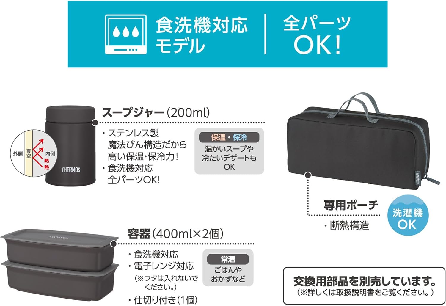 【Dishwasher Compatible Model】 Thermos Vacuum Insulated Soup Lunch Set 1.0L Black Gray with Insulated Structure Dedicated Pouch, Pouch Washable, Container Microwave Safe, Bento Box JEH-1000 BKGY