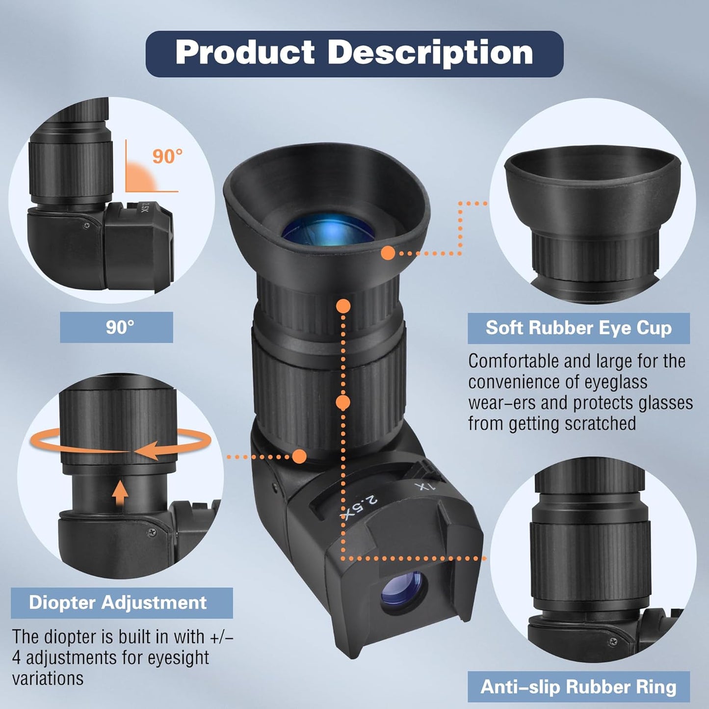 Tydeux Right Angle Viewfinder - 360° Rotation and 1X / 2.5x Magnification Camera Viewfinder with 6 Mount Adapters for Canon Nikon Pentax, Minolta, Dynax, Samsung and More
