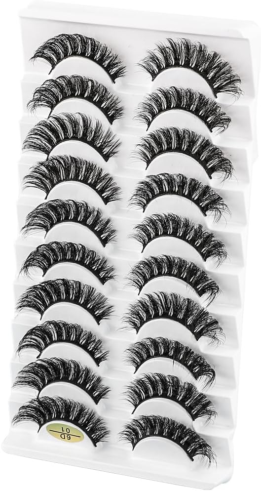 D Curl 10 Pairs False Eyelashes Fake Mink Eyelashes Ultra Thick Soft Handmade Stage Daily Makeup Long Eyelashes (6D-01)
