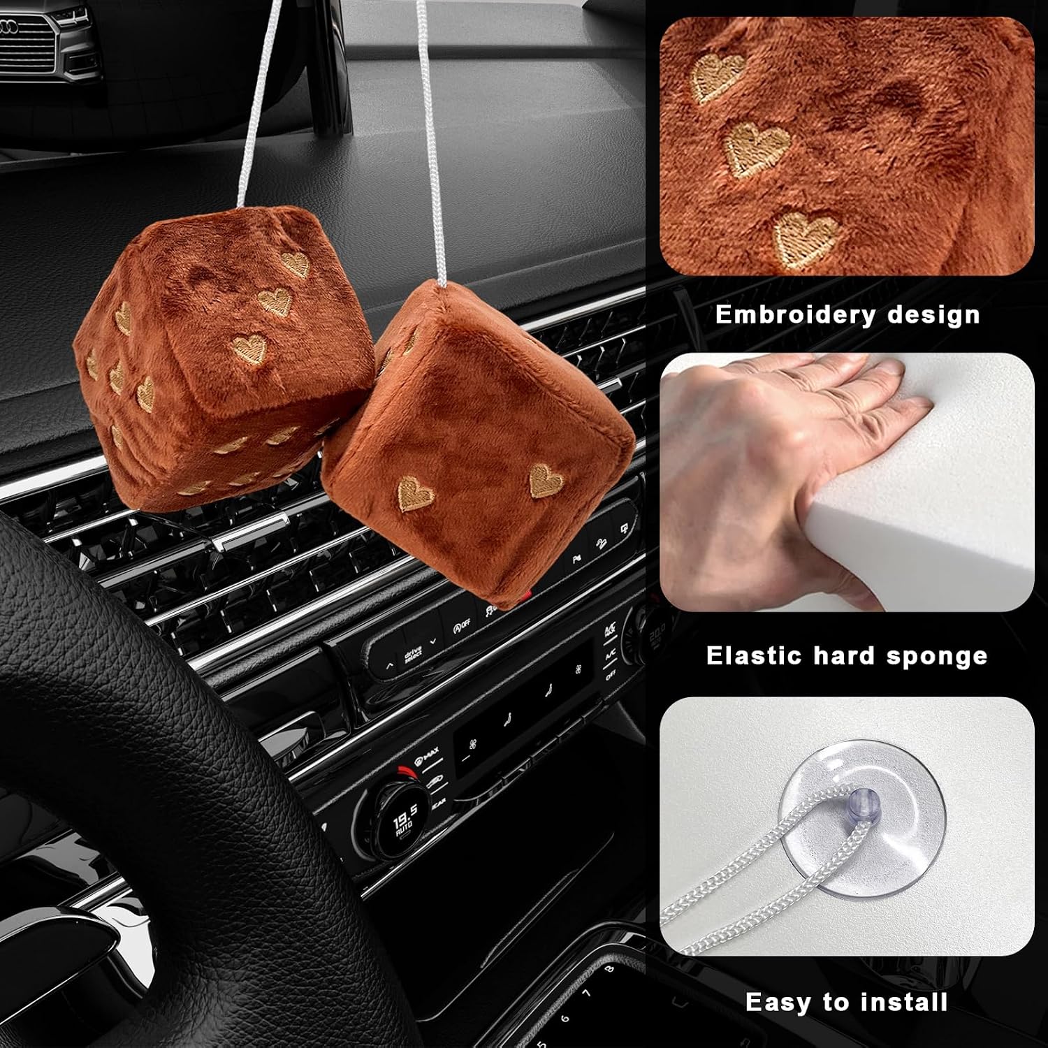 Par de dados de felpa mullidos para espejo de automóvil, 2.75 pulgadas, cuadrados, retro, suaves, adorno lindo con patrón de corazón, espejo retrovisor de felpa universal para mujeres y hombres