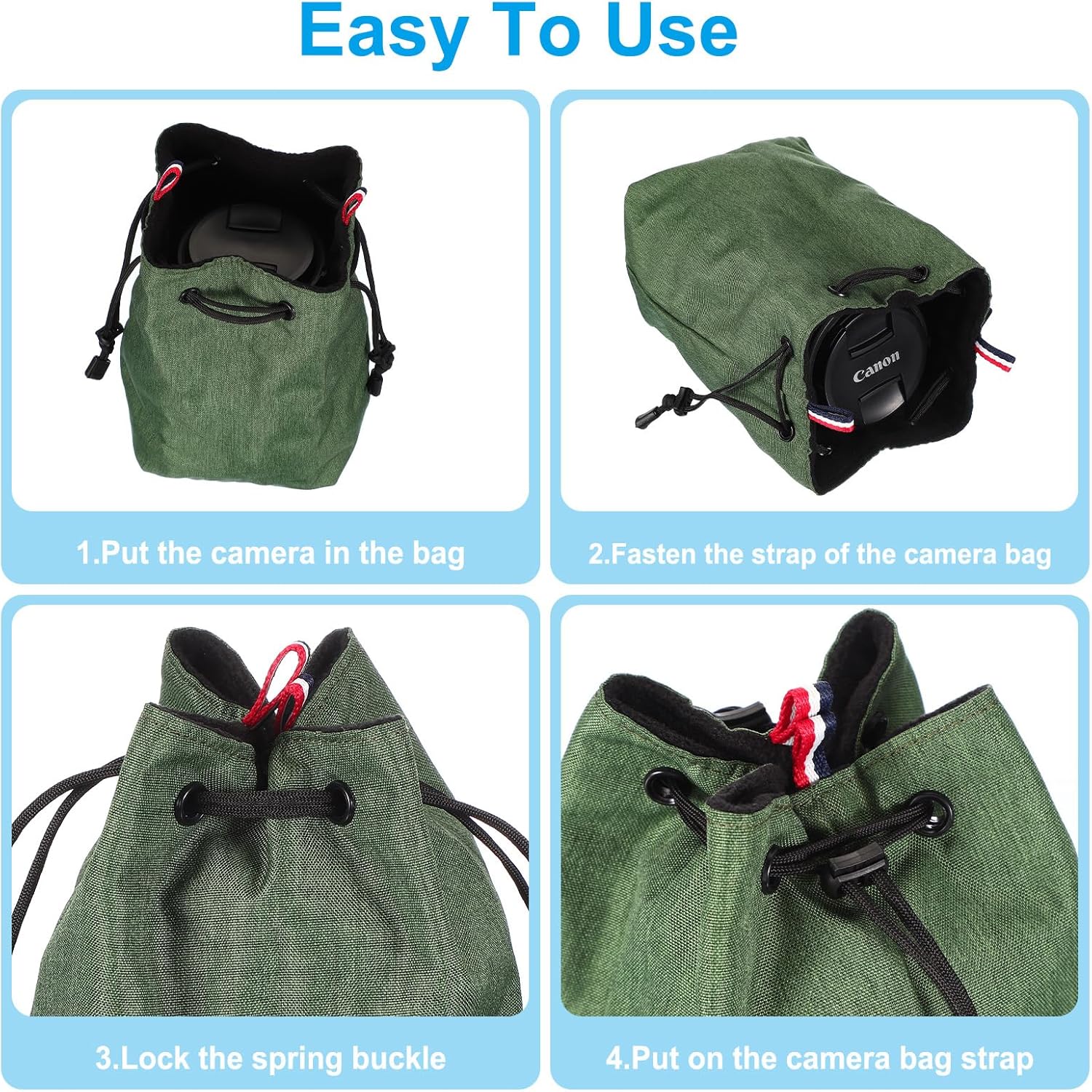 PATIKIL Drawstring Camera Bag 6.69"x4.72"x0.12" Waterproof Camera Drawstring Shoulder Bag with Camera Strap for Nikon DSLR Camera Lens Green