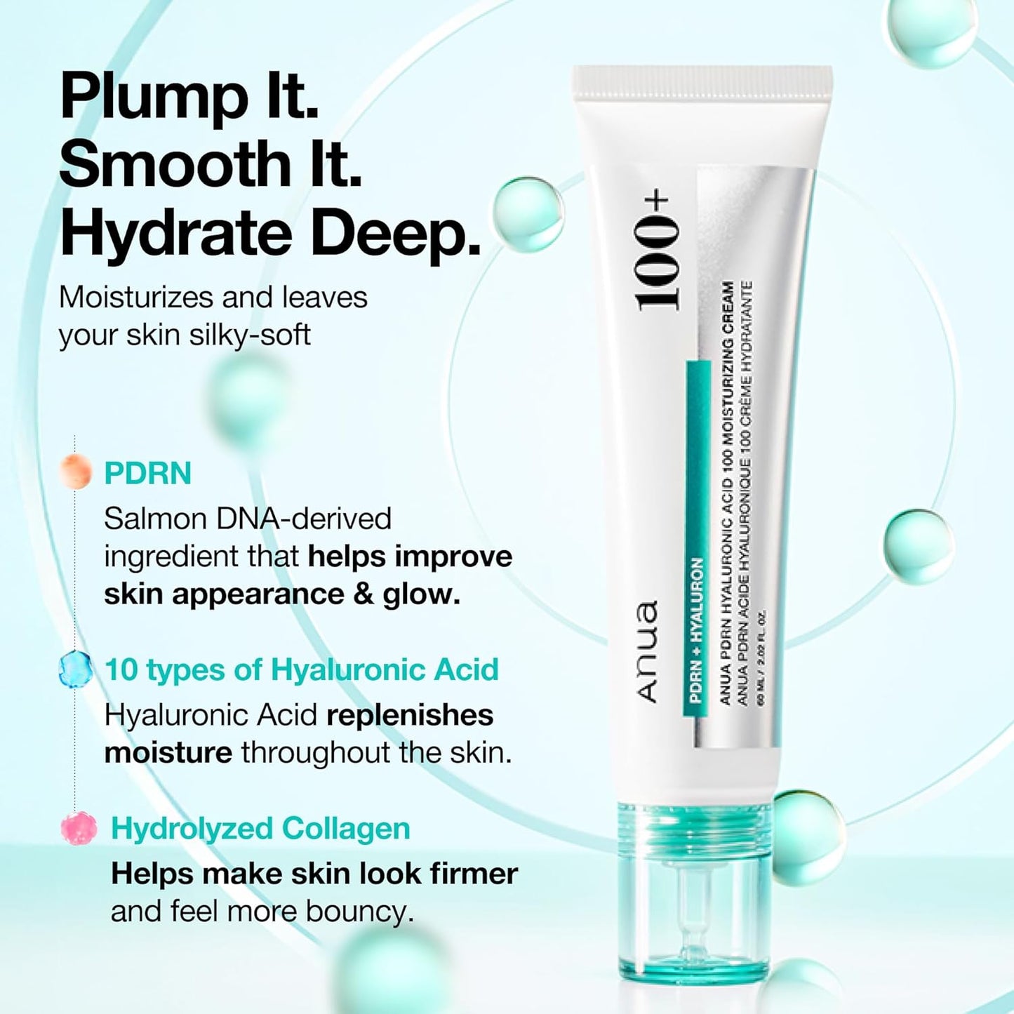 ANUA PDRN Hyaluronic Acid 100 Moisturizing Cream, 2.1 fl oz (60 ml), Moisture Light, Moisturizing, Lustrous Skin, Dry Skin, Mixed Skin, PDRN Hyaluronic Acid Moisture Cream, Korean Cosmetics, Skin Care