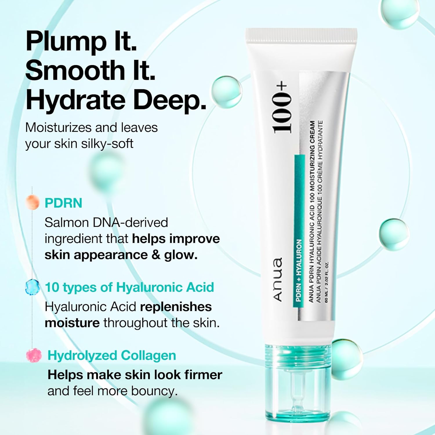 ANUA PDRN Hyaluronic Acid 100 Moisturizing Cream, 2.1 fl oz (60 ml), Moisture Light, Moisturizing, Lustrous Skin, Dry Skin, Mixed Skin, PDRN Hyaluronic Acid Moisture Cream, Korean Cosmetics, Skin Care