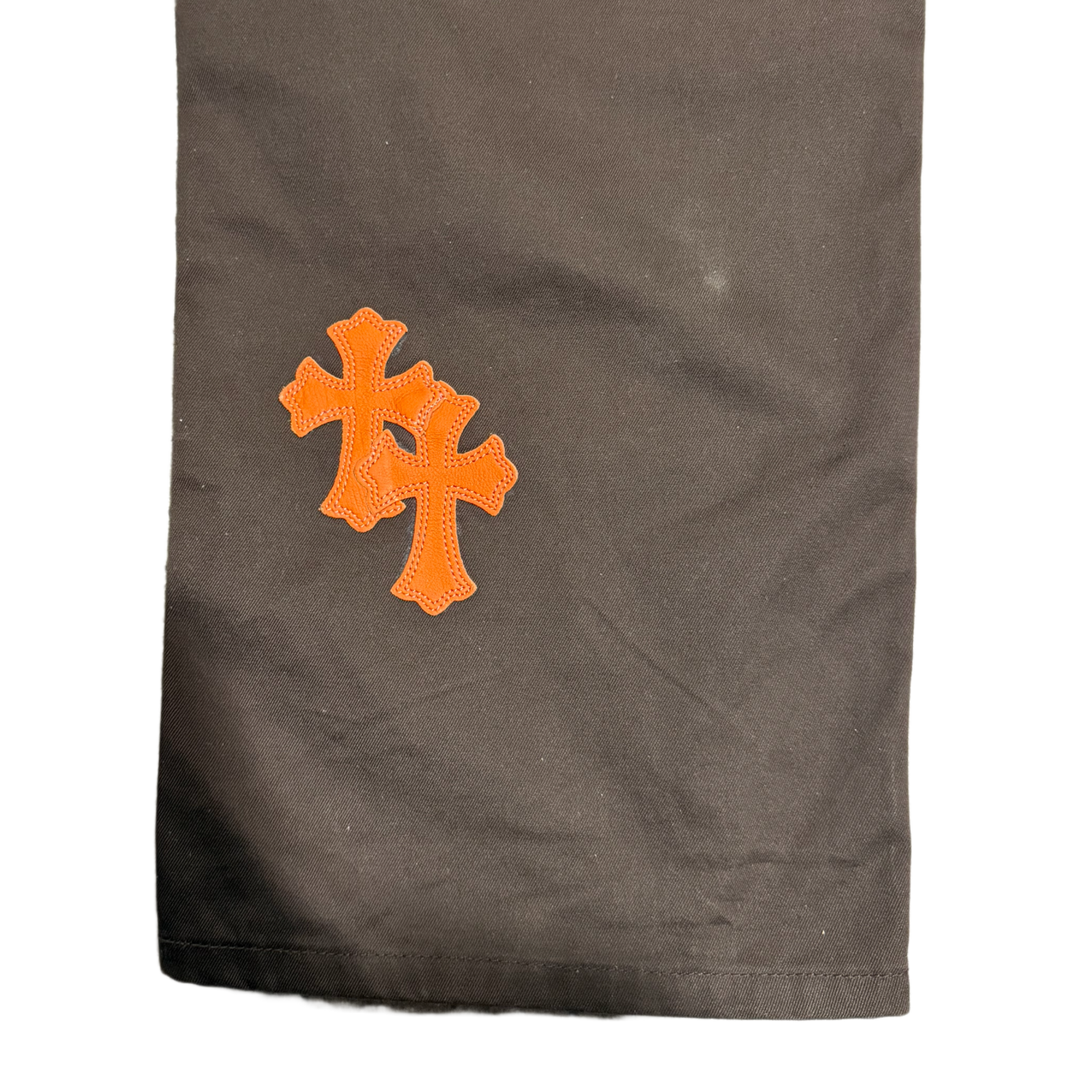CHROME HEARTS 'BLACK/ORANGE CROSS PATCHES' BROWN DOUBLE KNEE CARPENTER PANTS
