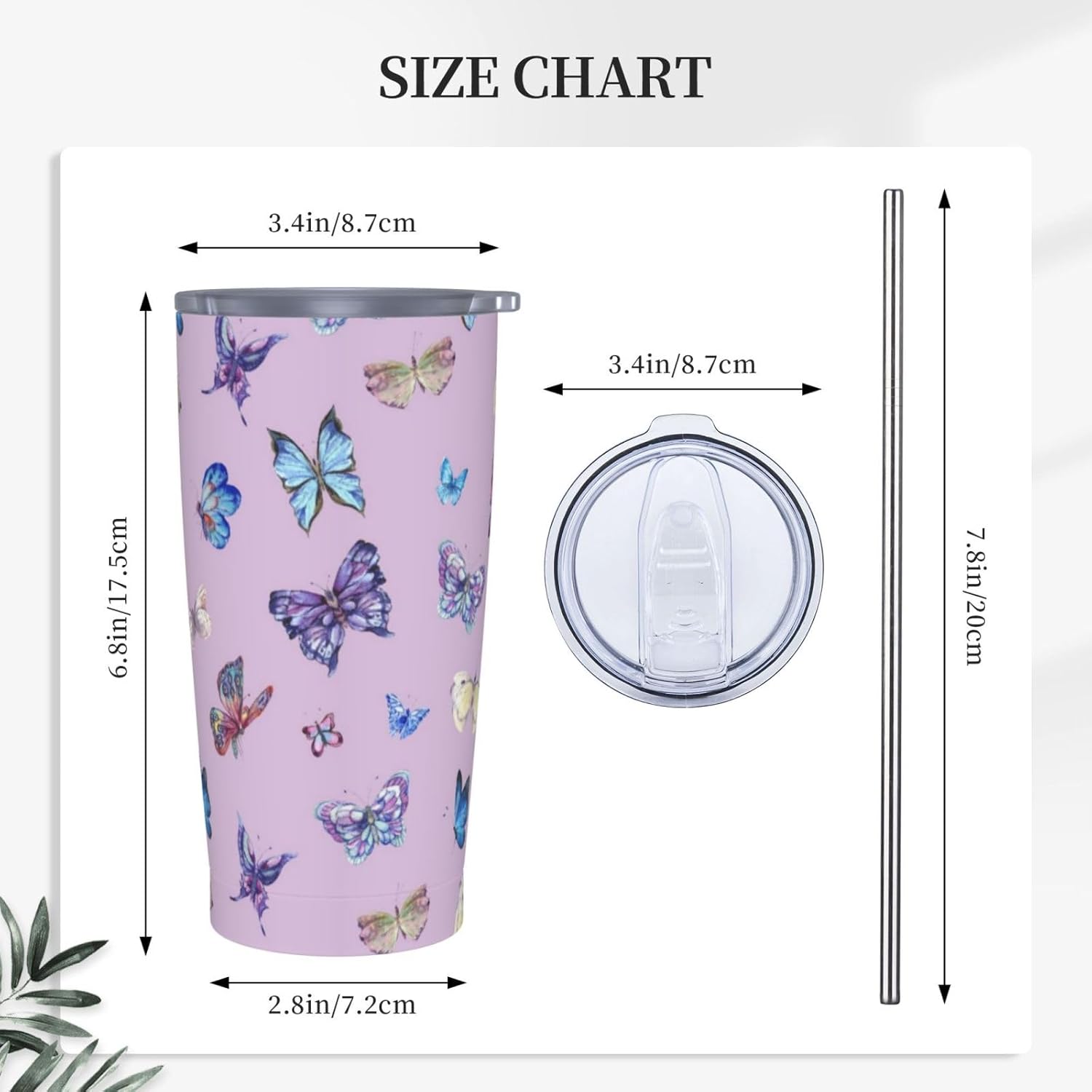 Vaso de mariposa púrpura con tapa y popote, taza de viaje aislada de acero inoxidable de 20 onzas, botella de agua caliente y fría, recuerdo de mariposa azul para hombres y mujeres