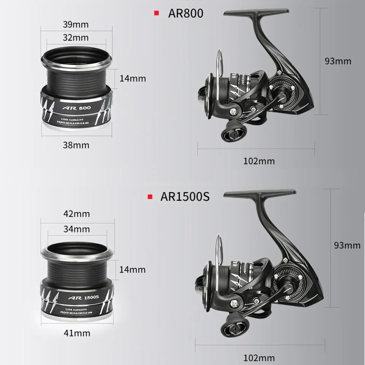 Spinning Reel, Normal Gear Ratio, 5.2:1, Shallow Groove Spool, 800, 1500S, Low End Model, Artemis AR-