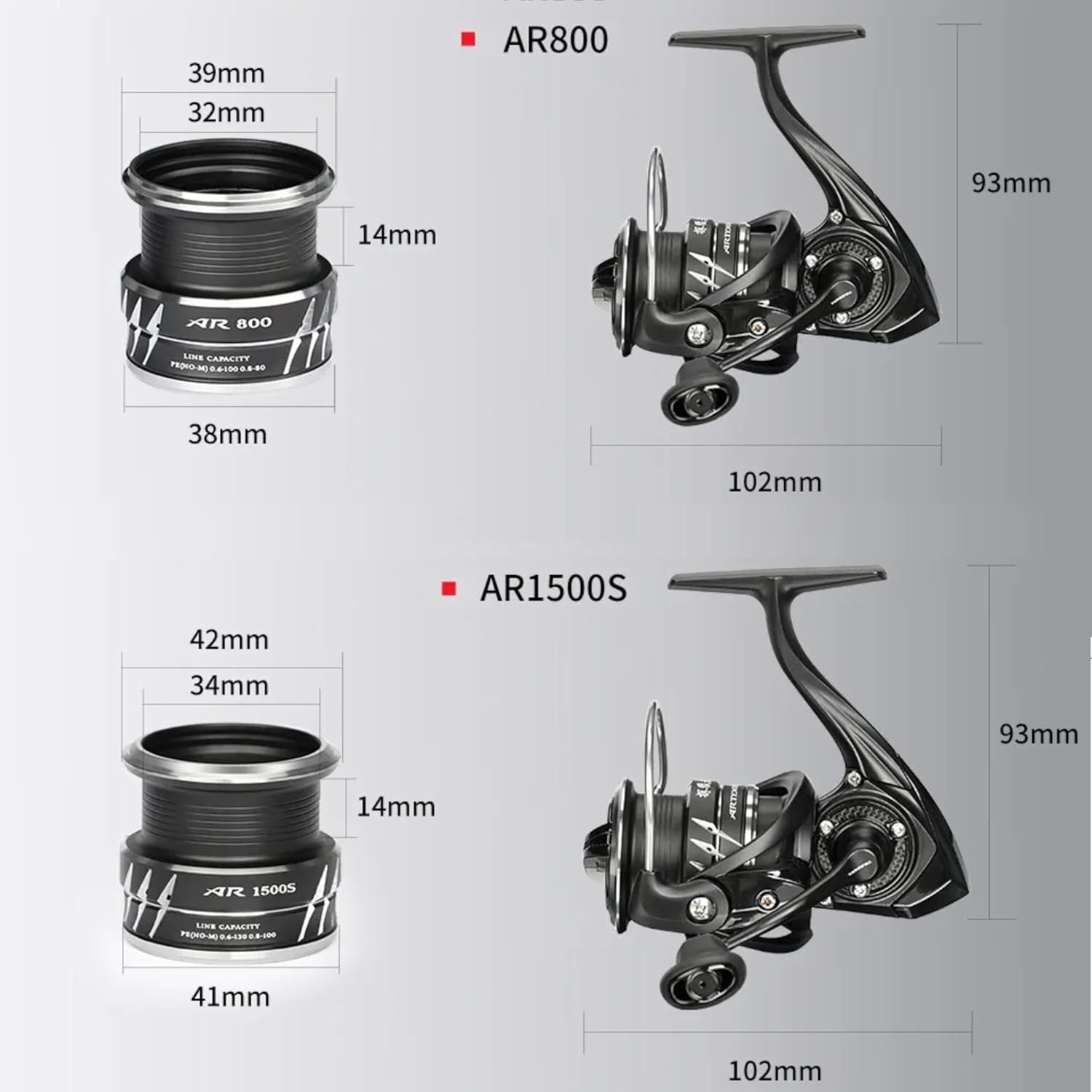 Spinning Reel, Normal Gear Ratio, 5.2:1, Shallow Groove Spool, 800, 1500S, Low End Model, Artemis AR-