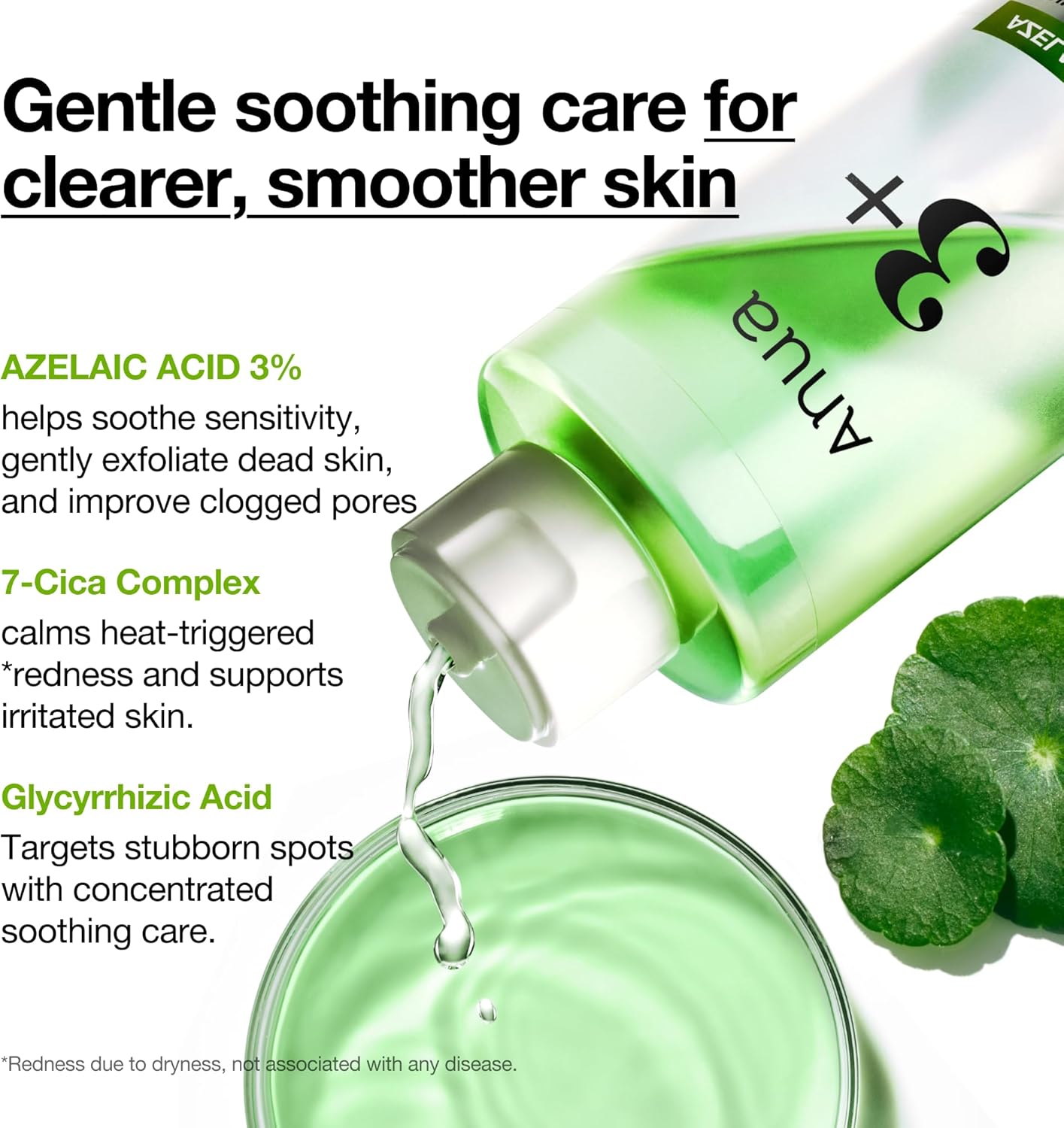 Anua Tónico aclarante de ácido azelaico 3 CICA, tónico facial exfoliante diario con salicílico, para calmar y claridad de la piel, cuidado de sebo y manchas, adecuado para pieles sensibles, cuidado de la piel coreano, 8.45 onzas líquidas