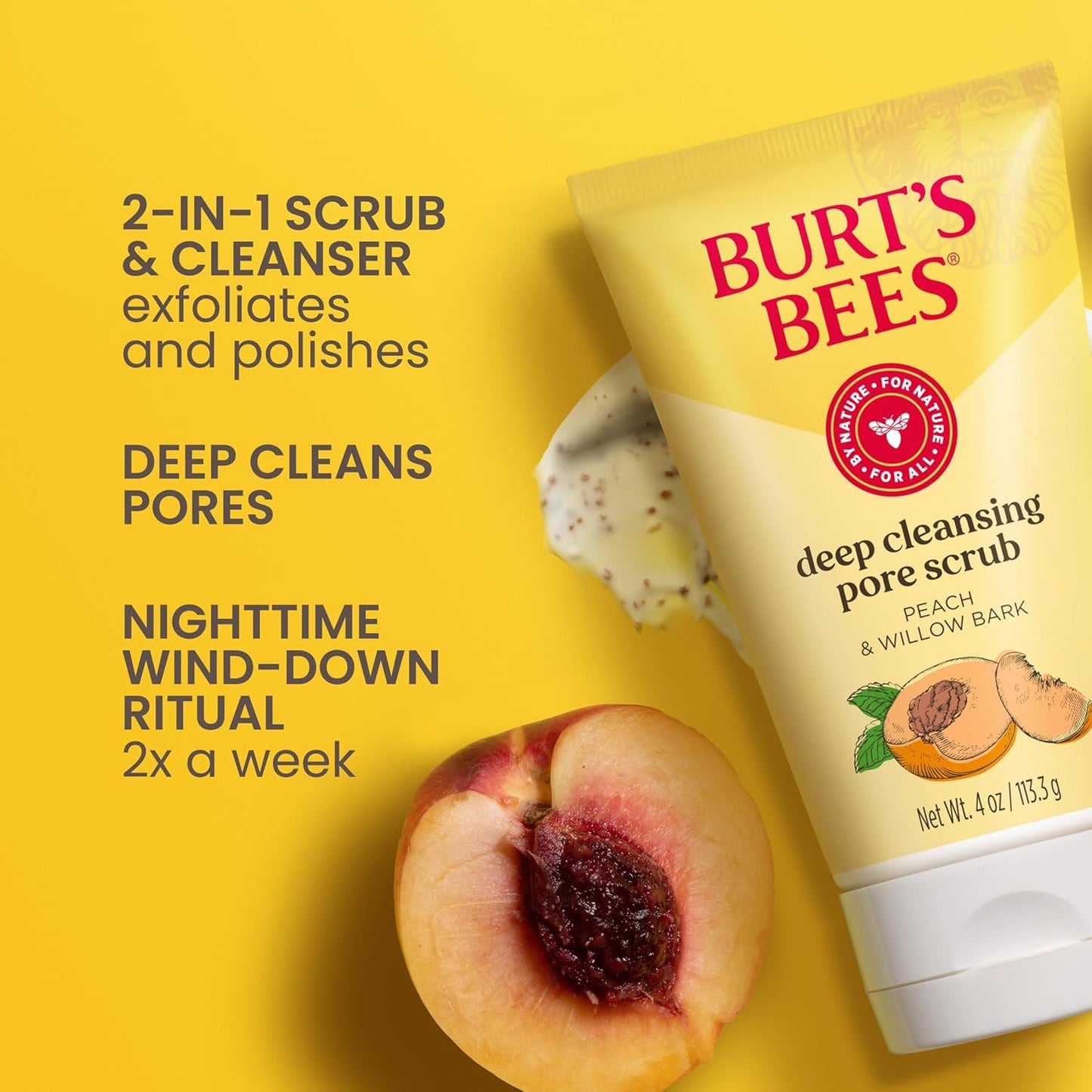 Burt 's Bees paquete de 3 frascos de 4 onzas de exfoliante de durazno y corteza de sauce para poros