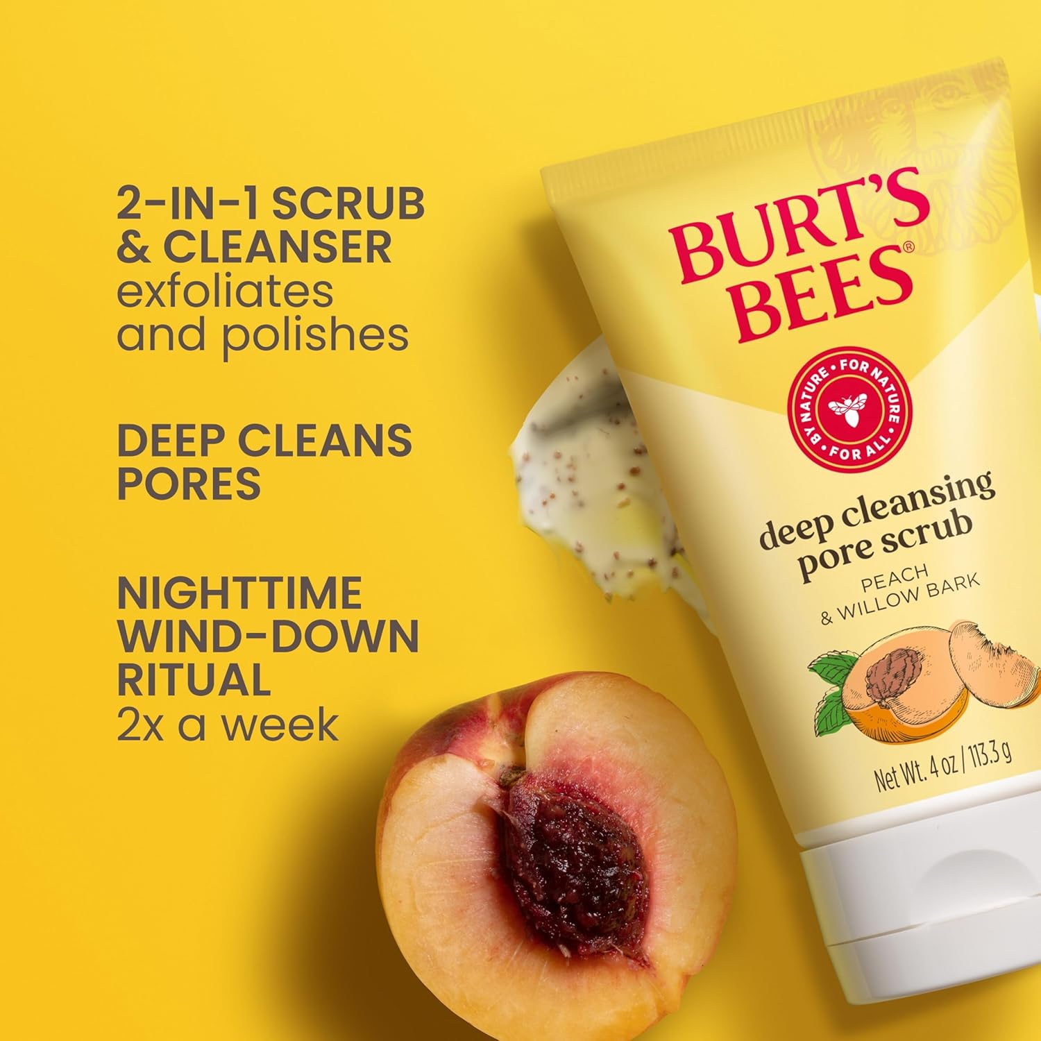 Burt 's Bees paquete de 3 frascos de 4 onzas de exfoliante de durazno y corteza de sauce para poros