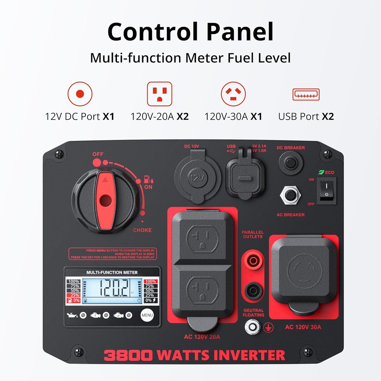 3800W Gas Powered Portable Inverter Generator with CO Sensor Gas Generator ECO Mode Digital Display Parallel Support EPA Compliant Long Working Time Camping Tailgate Home Quiet Lightweight