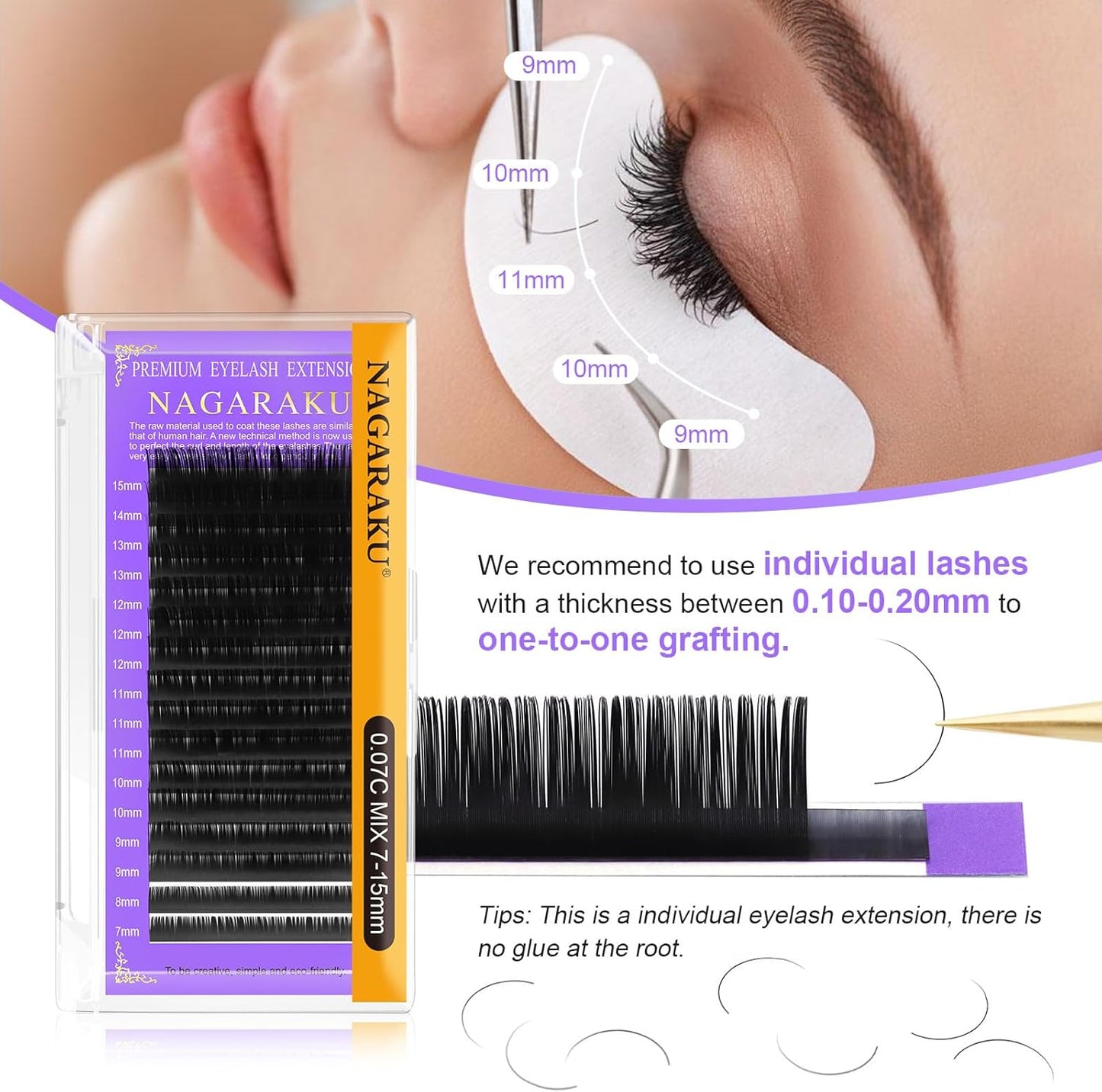 NAGARAKU Eyelash Extensions Synthetic Mink Tray with 16 Rows Light and Long Lasting False Eyelash Matsuke (0.05 C 7-15mm Mix)