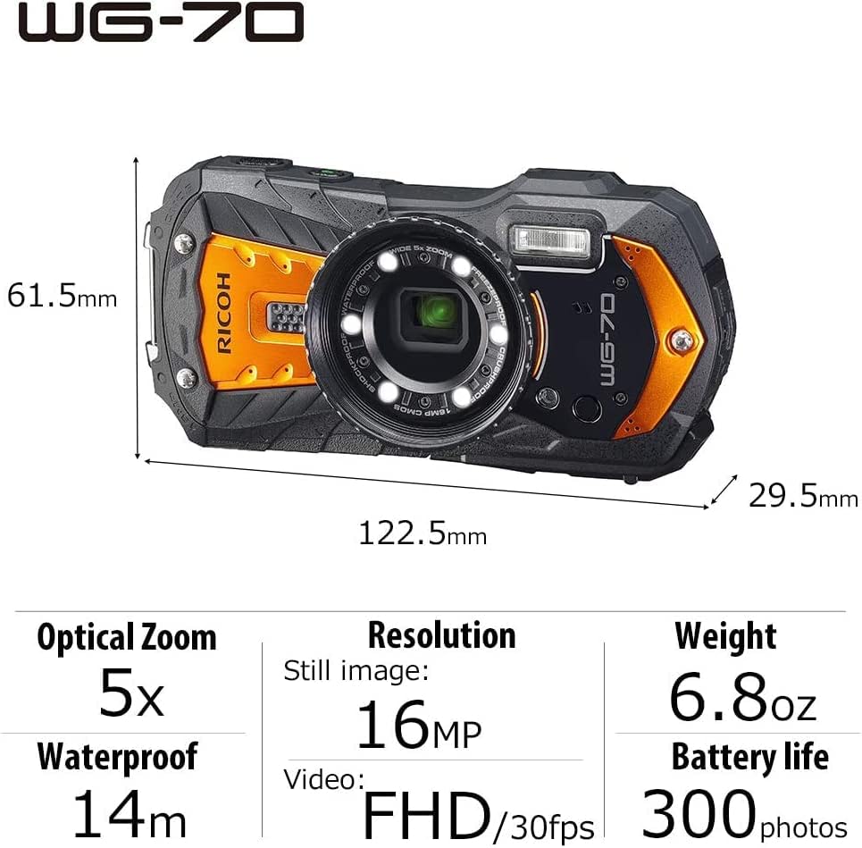 RICOH WG-70 03871 Waterproof Digital Camera, Waterproof to 45.9 Feet (14 m) (2 Hours Continuous), 5.2 Foot (1.6 m) Drop Impact Resistance, Cold Resistant to 14 °F (-10 °C), CALS Mode, Rugged, Orange