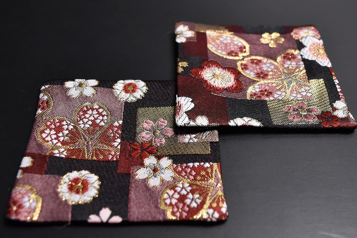 Perfect for a Gift, Ready to Give as is, Boxed, Pre-wrapped, Gold Brocade Weave, Japanese Style, Kimono Coasters, Set of 5 (Beni Sakura)
