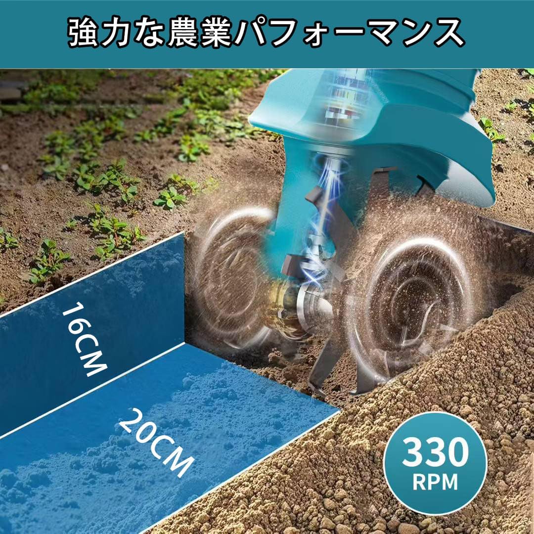 Tiller for Home Use, Rechargeable Tiller, 21 V, 3.0 Ah Batteries Included, 2 x Makita 18 V Compatible, Tilling Width 7.9 inches (20 cm) / Tilling Depth 6.3 inches (16 cm), 4 Blades, Cordless, Small