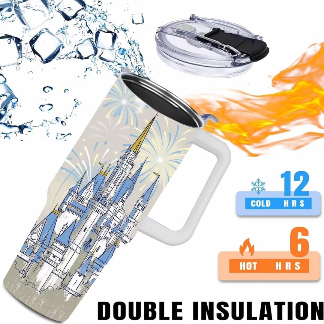 Castle - Vaso de 40 onzas con tapas y pajitas, vaso aislado de acero inoxidable, taza de viaje con fuegos artificiales, regalos para mujeres